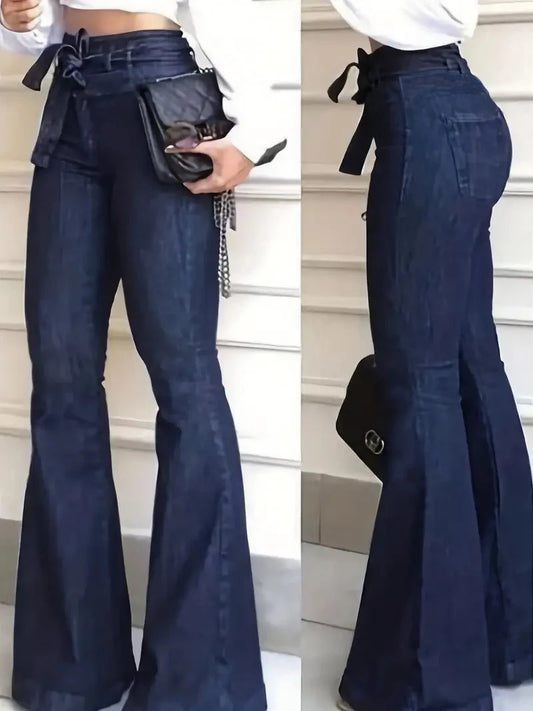 Ladies Deep Blue High Waist Bell Bottom Jeans