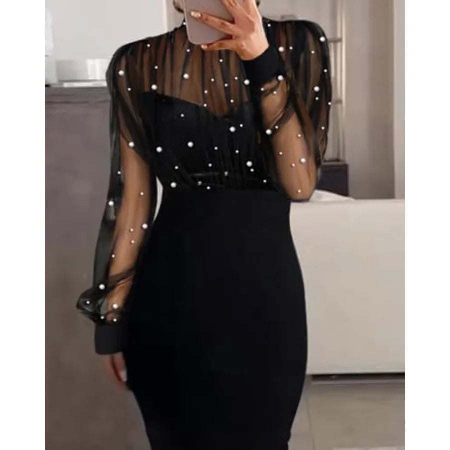 Women's Sexy Bodycon Midi Dress Mock Neck Long Sleeve Sheer Dresses Beaded Night Club Party Dresses