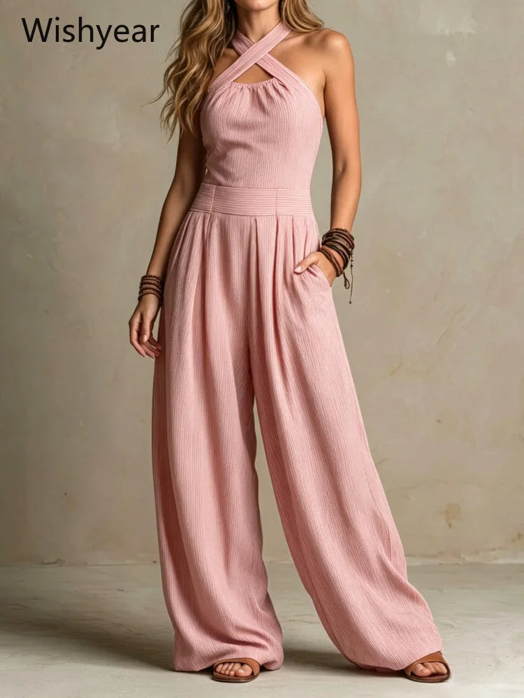 Elegant One Pieces Women Orange Crisscross Halter Jumpsuit Sleeveless Wide Leg Long Pants Rompers for Daily Vacation Streetwear