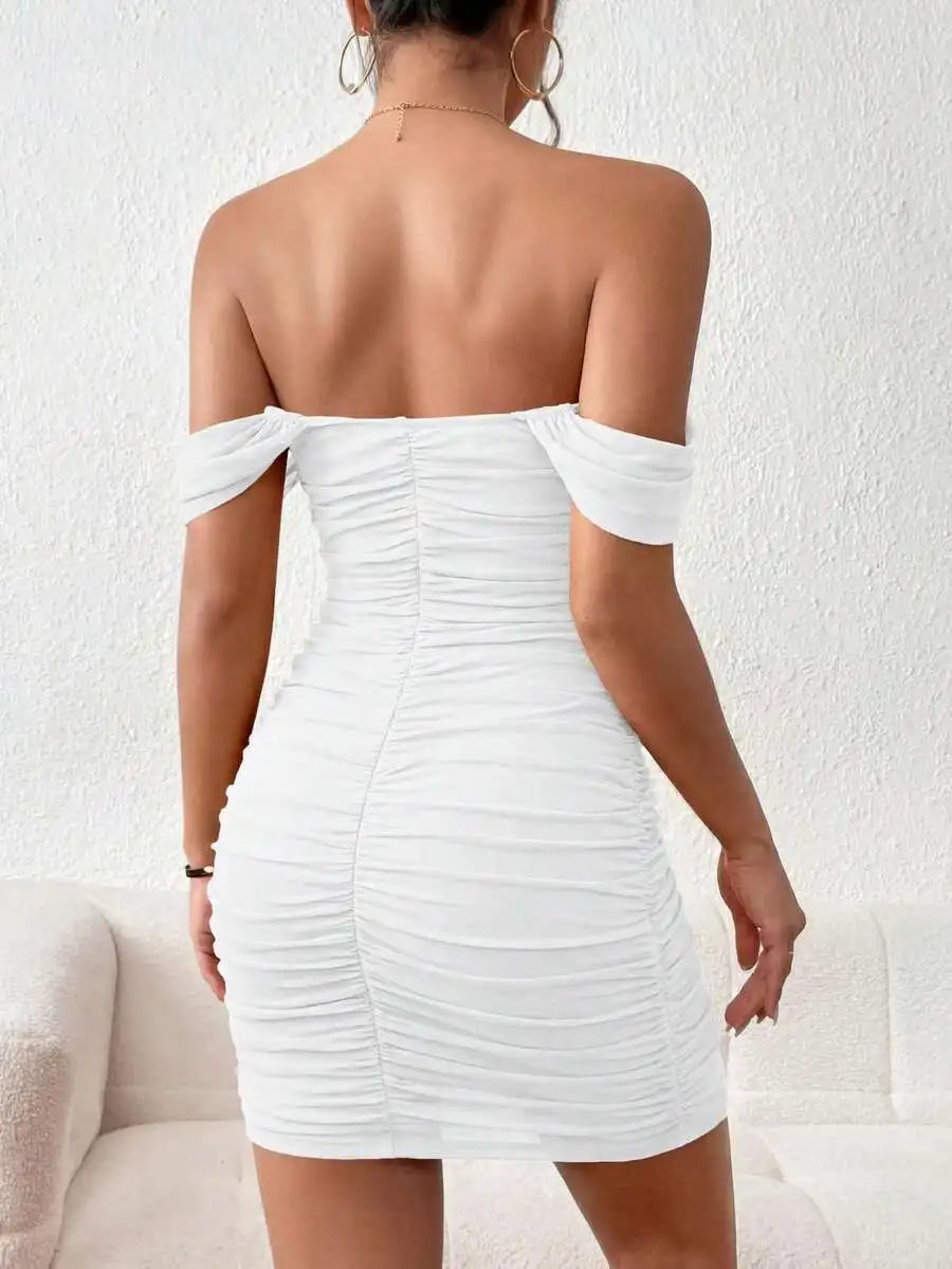 Women Off Shoulder Ruched Bodycon Mini Dress For Cocktail Wedding Guest Graduation