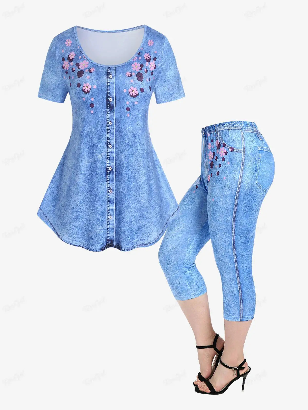 Plus Size 3D Print Tee and Capri Leggings Matching Set for Women Butterfly Floral Pattern Outfits OverSize Graphic Cloth