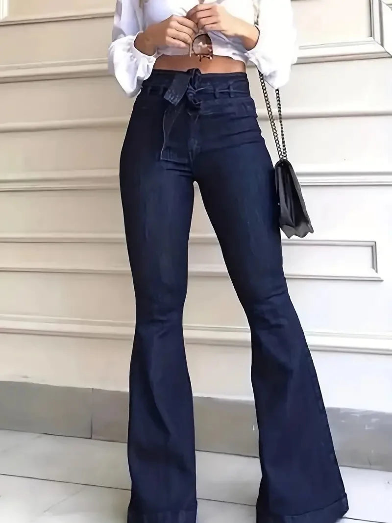 Ladies Deep Blue High Waist Bell Bottom Jeans