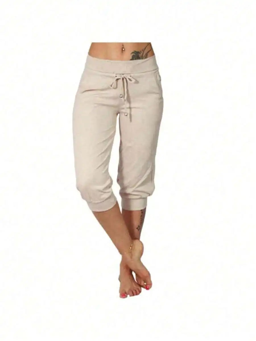 High Waist Loose Drawstring Capri Pants Women Cotton Linen Knee Length Casual Summer Pants