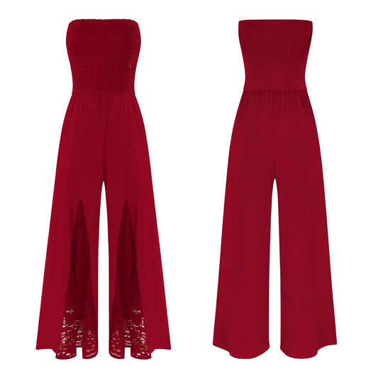 Women Strapless Jumpsuit Elastic Bodice Sheer Floral Lace Patchwork Wid Leg Vintage Trousers Rompers for Beach Vacation
