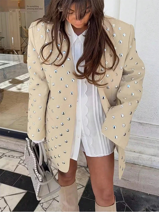 SLTNX Women's Rivet Decoration Casual Blazer Long Sleeve V Neck Beige Spring Fall Coat