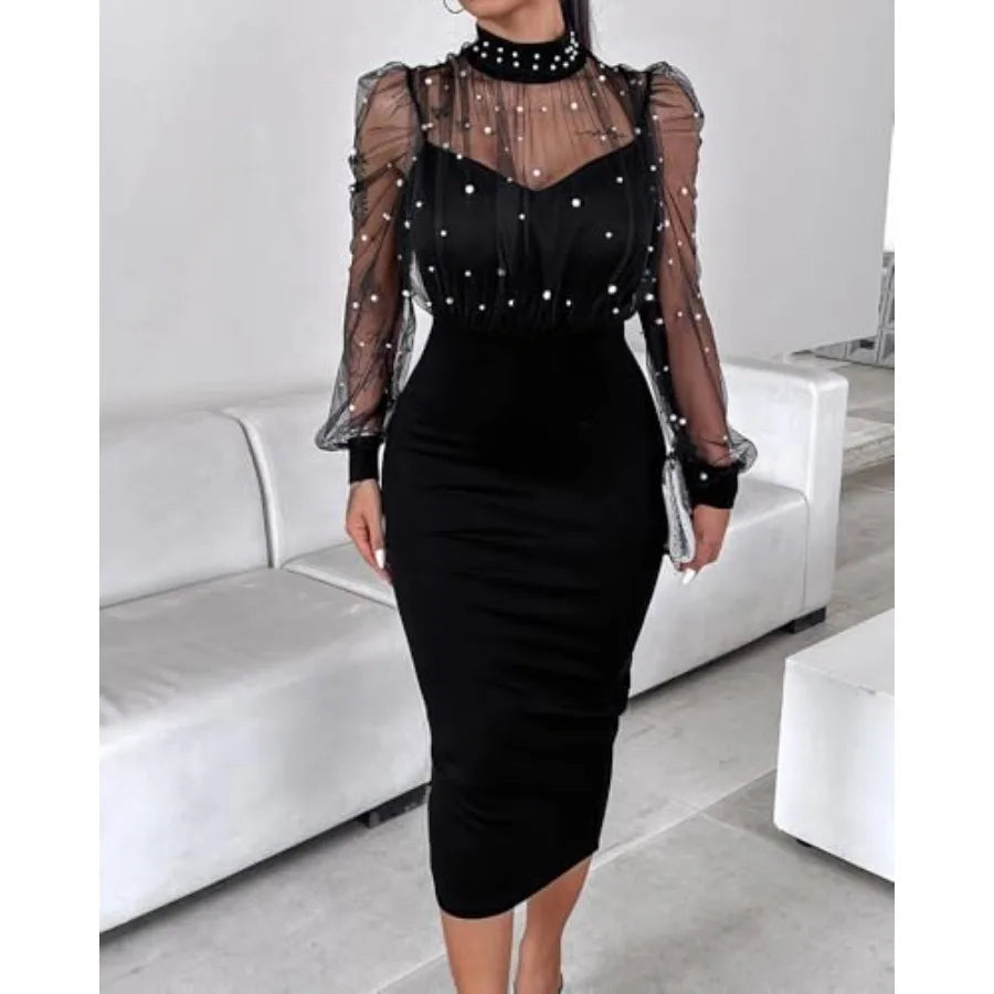 Women's Sexy Bodycon Midi Dress Mock Neck Long Sleeve Sheer Dresses Beaded Night Club Party Dresses