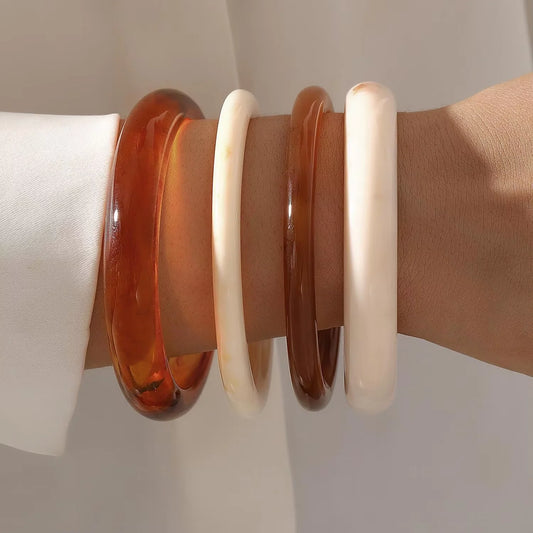 8 Pcs Vintage Gold Color Bangle Set  Fashion Chunky Stackable Acrylic Cuff Bracelet Boho Jewelry