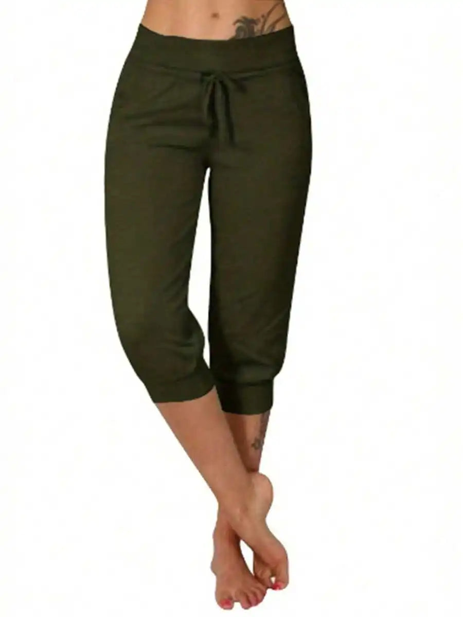 High Waist Loose Drawstring Capri Pants Women Cotton Linen Knee Length Casual Summer Pants
