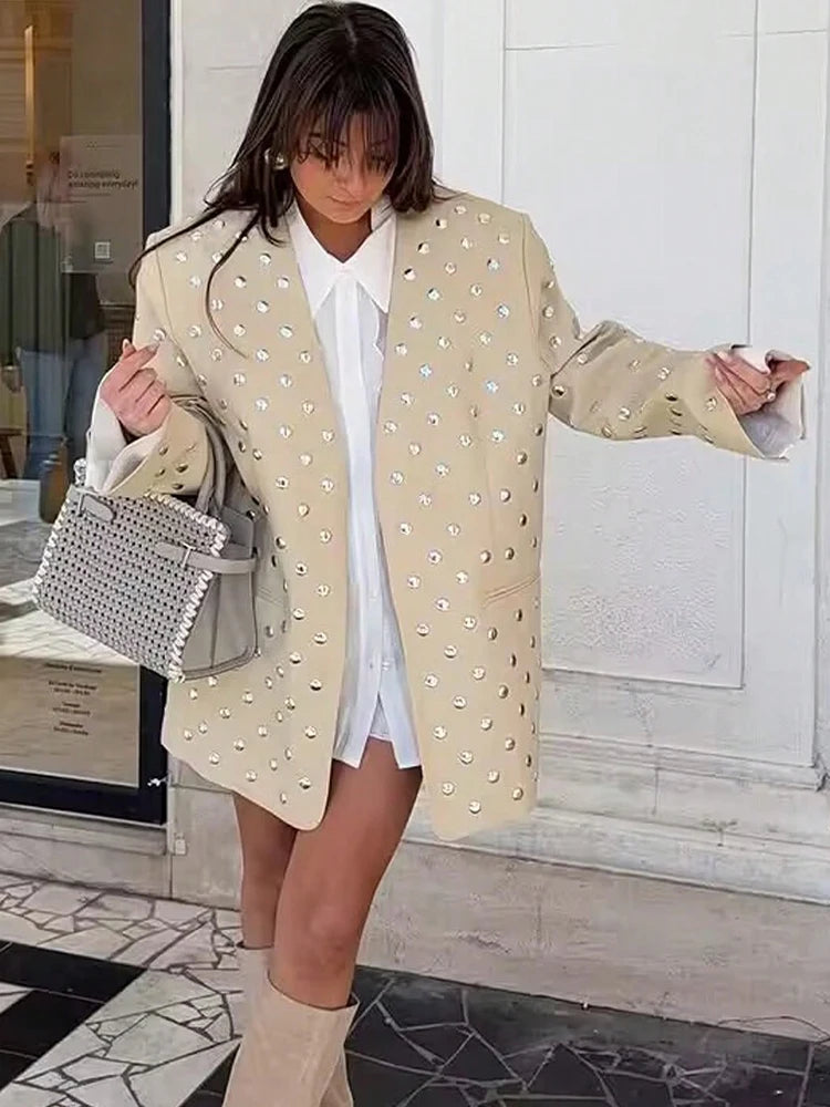 SLTNX Women's Rivet Decoration Casual Blazer Long Sleeve V Neck Beige Spring Fall Coat