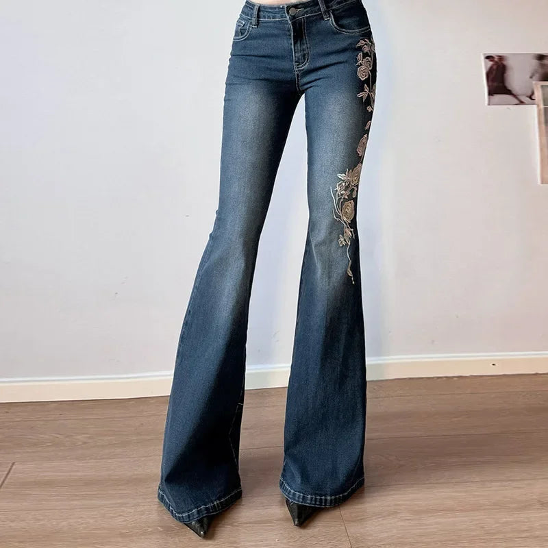 Retro Y2k Jeans Baggy Floral Embroidery Jeans Women Vintage 2000s Low Rise Flared Denim Pants High Street Basic Trousers