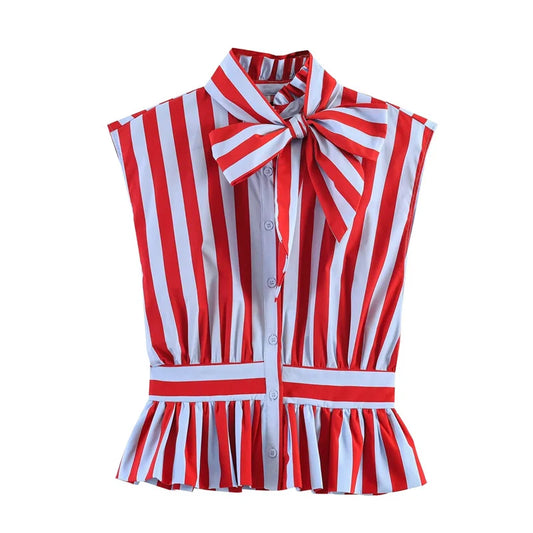 Women's Shirt 2026 New Spring Summer Bowknot Sleeveless Striped Shirt for Women Casual Chic Personality Female Shirt