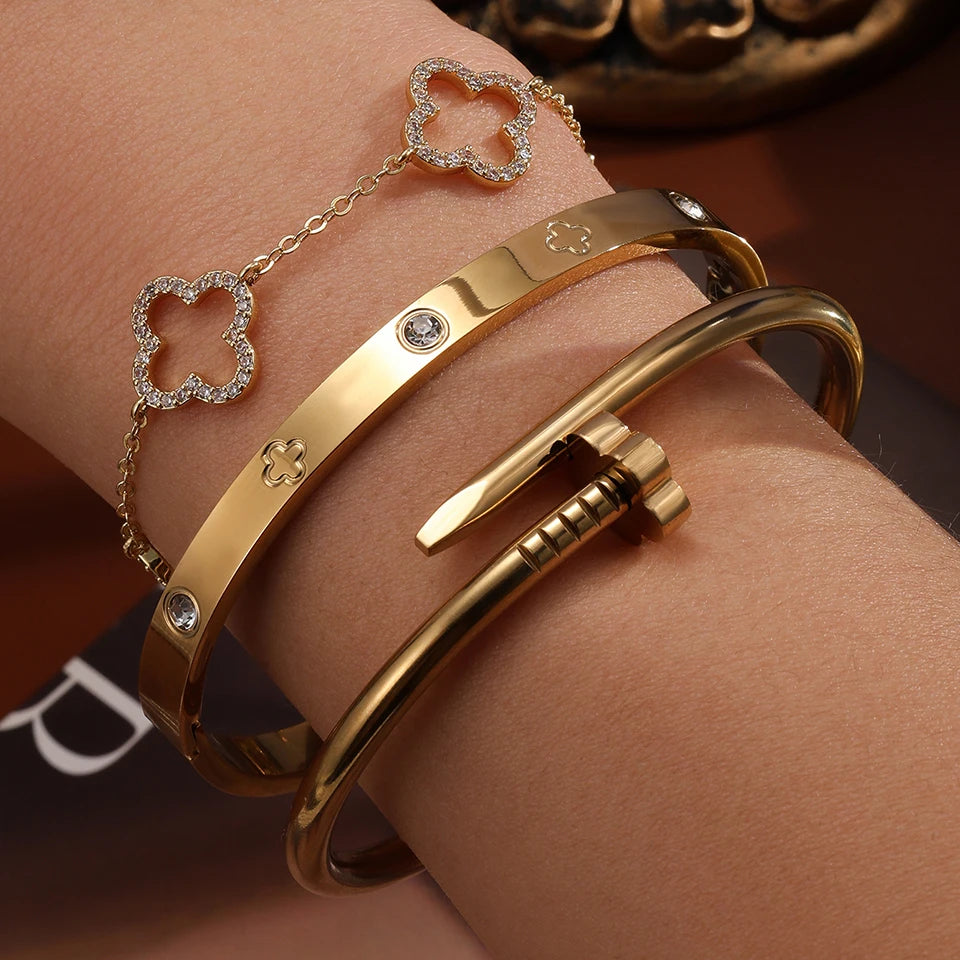 Stainless Steel Gold Plated Four-Leaf Flower Nails Stacked Bracelet Bangles Shiny Zircon Couple Jewelry Gift