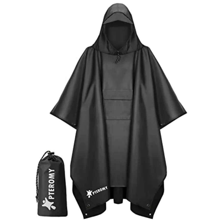 PTEROMY 3-in-1 Hooded Rain Poncho for Adult with Pocket, Waterproof Lightweight Unisex Raincoat for Hiking Camping Emergency