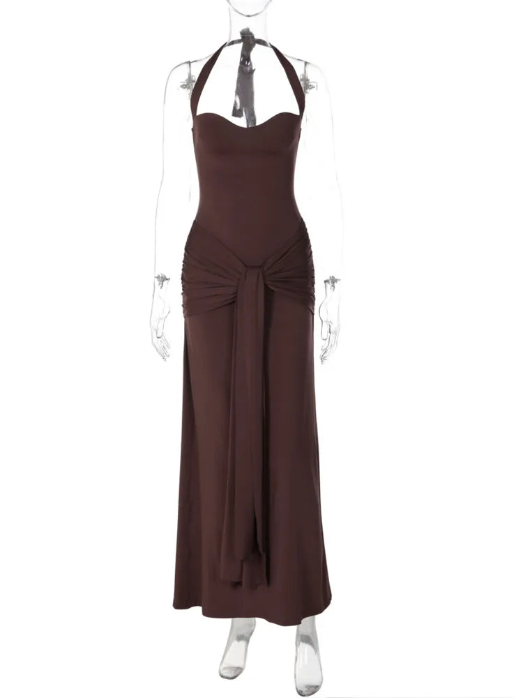 Mozision Halter Backless Sexy Maxi Dress Women Elegant Sleeveless Ruched Waist Draped Bodycon Club Party Evening Cocktail Dress