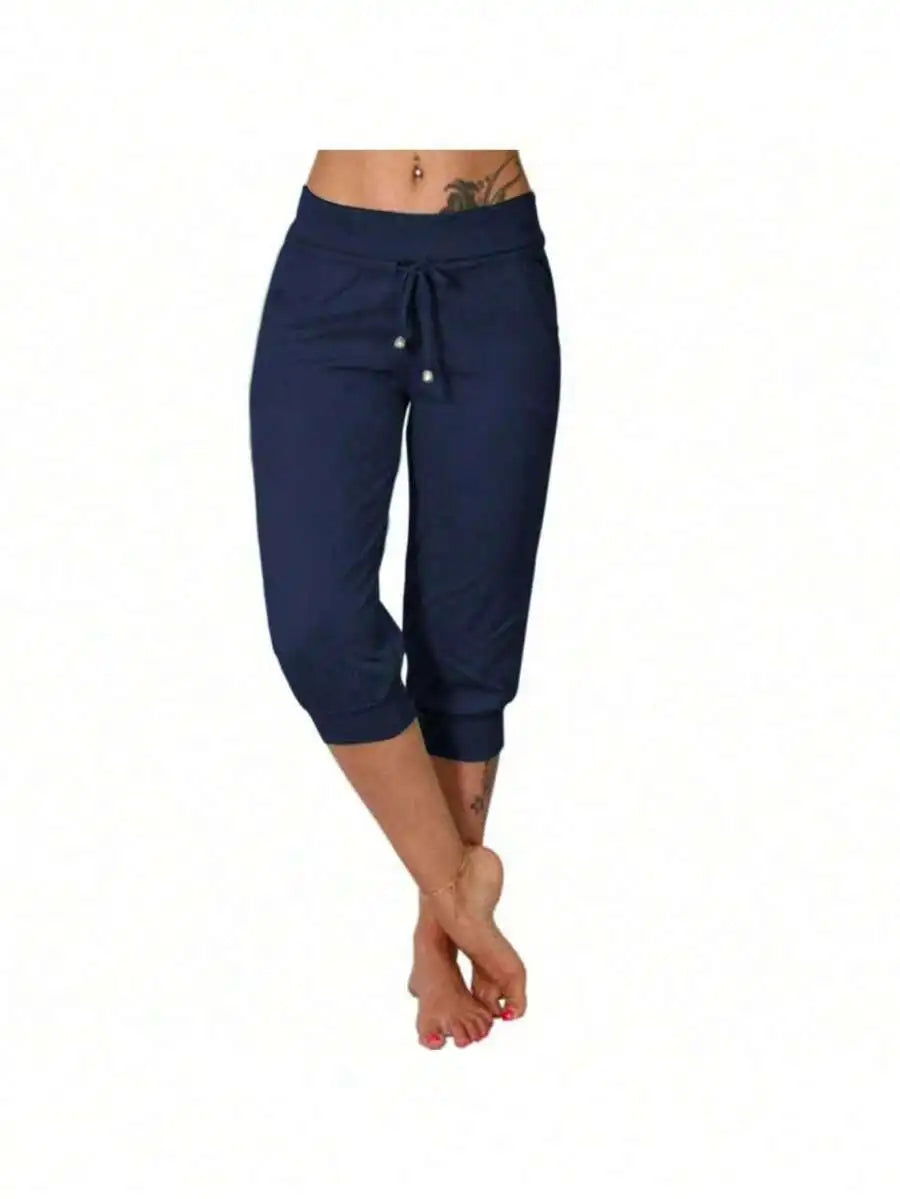 High Waist Loose Drawstring Capri Pants Women Cotton Linen Knee Length Casual Summer Pants