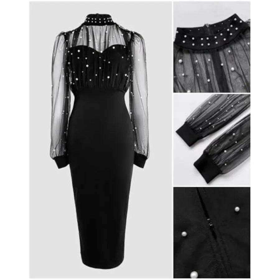 Women's Sexy Bodycon Midi Dress Mock Neck Long Sleeve Sheer Dresses Beaded Night Club Party Dresses