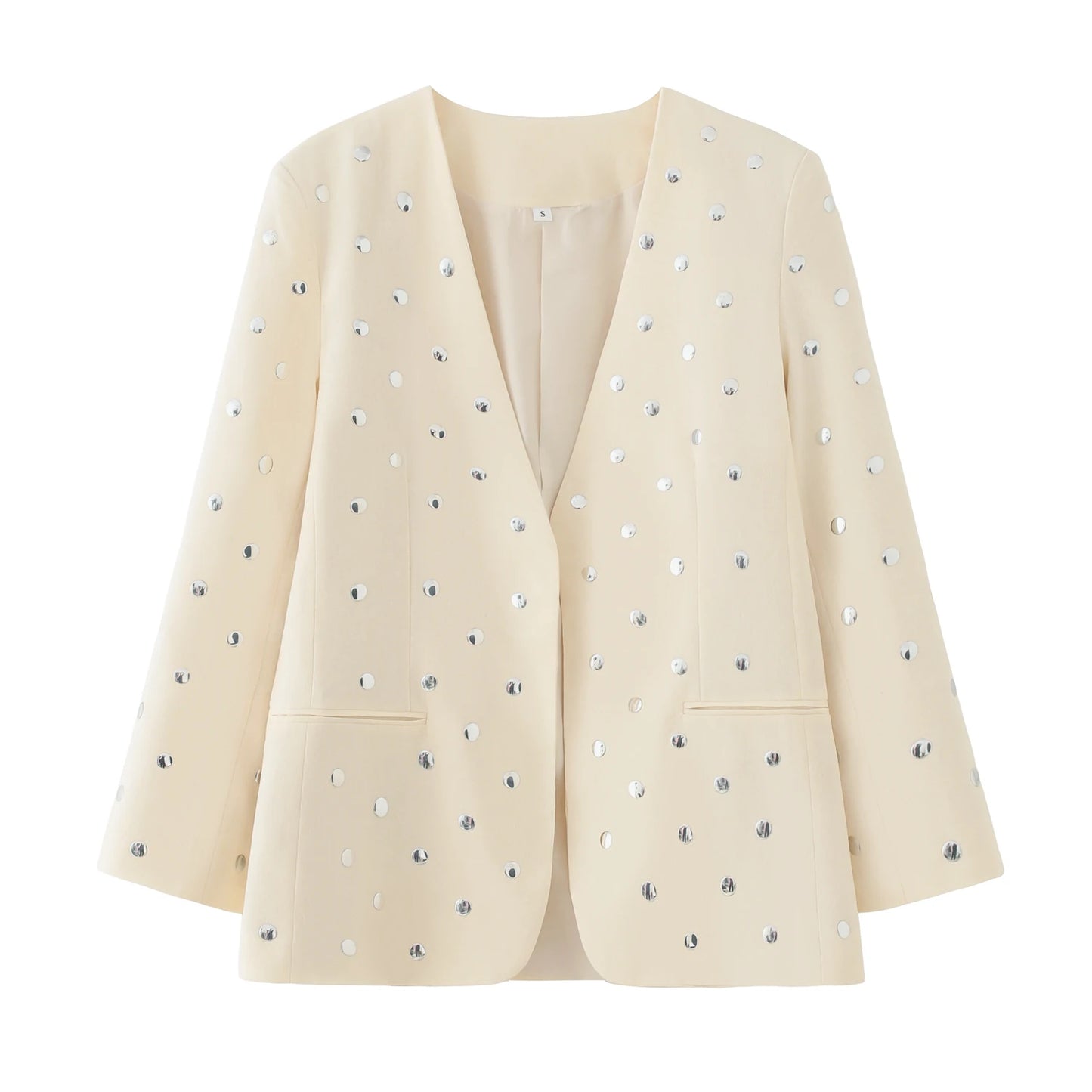 SLTNX Women's Rivet Decoration Casual Blazer Long Sleeve V Neck Beige Spring Fall Coat