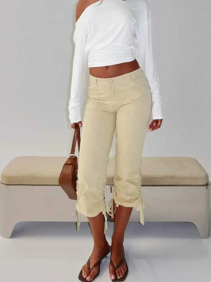 Women Y2K Retro Streetwear Capri Pants Drawstring Cuff Solid Color Slim Fit Cropped Cargo Trousers