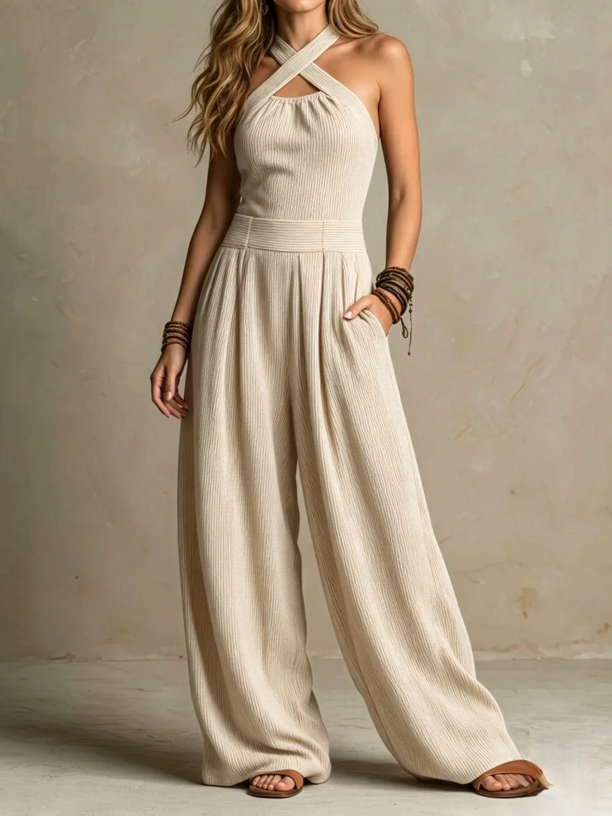 Elegant One Pieces Women Orange Crisscross Halter Jumpsuit Sleeveless Wide Leg Long Pants Rompers for Daily Vacation Streetwear