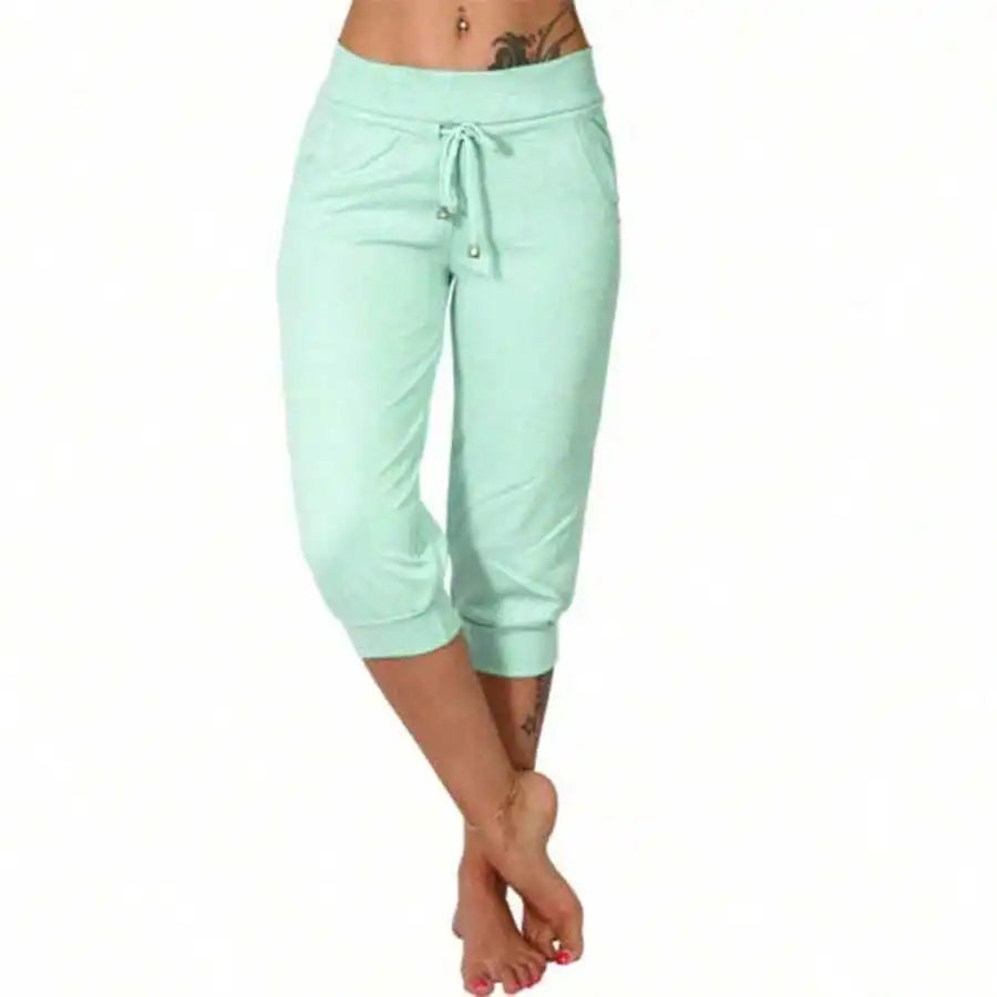 High Waist Loose Drawstring Capri Pants Women Cotton Linen Knee Length Casual Summer Pants