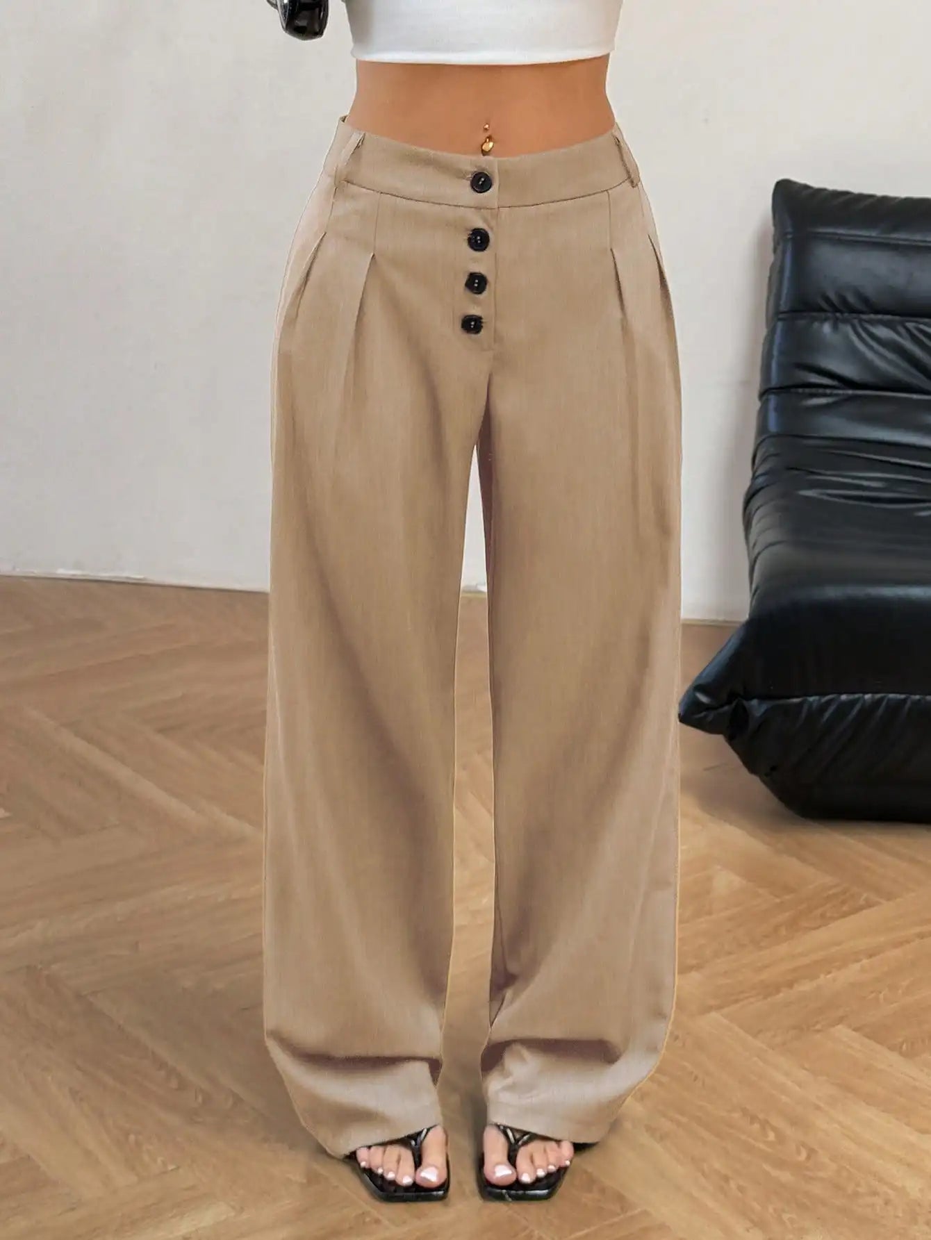 Women Solid Button Front Pleated Wide Leg Loose Casual Pants For Work Commute