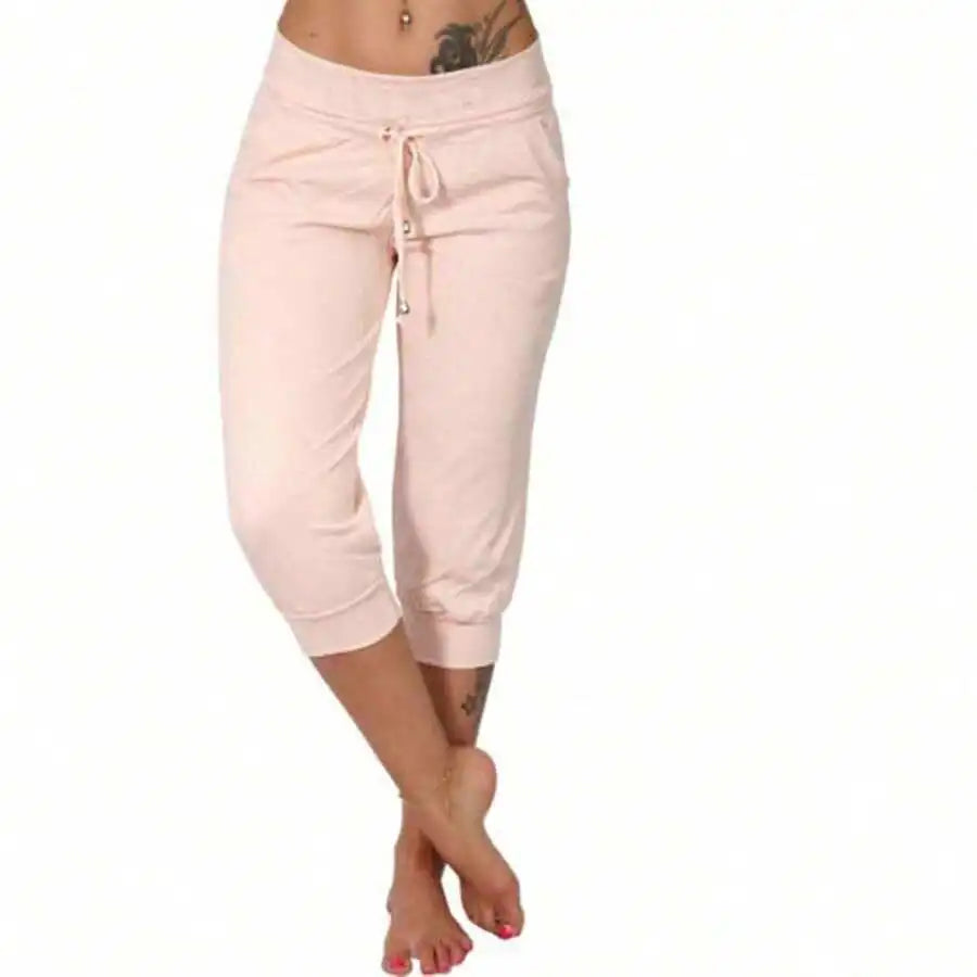 High Waist Loose Drawstring Capri Pants Women Cotton Linen Knee Length Casual Summer Pants