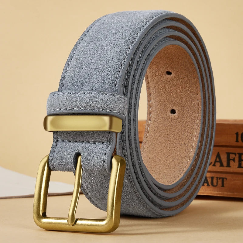 Luxury Suede Cowhide Leather Belt with Gold Buckle, 3.5cm Wide Waistband
