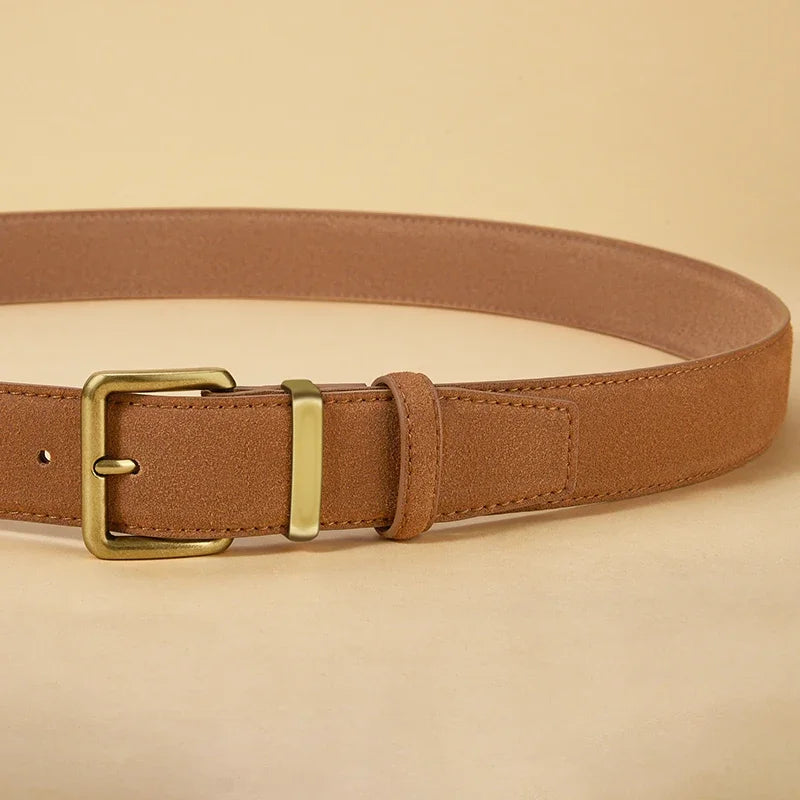 Luxury Suede Cowhide Leather Belt with Gold Buckle, 3.5cm Wide Waistband