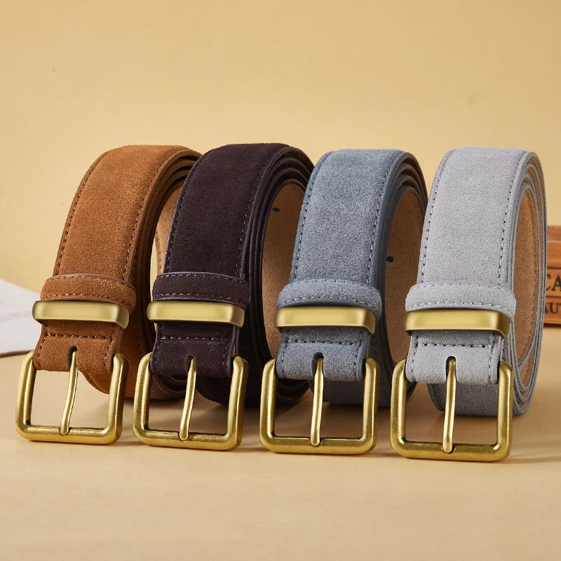 Luxury Suede Cowhide Leather Belt with Gold Buckle, 3.5cm Wide Waistband
