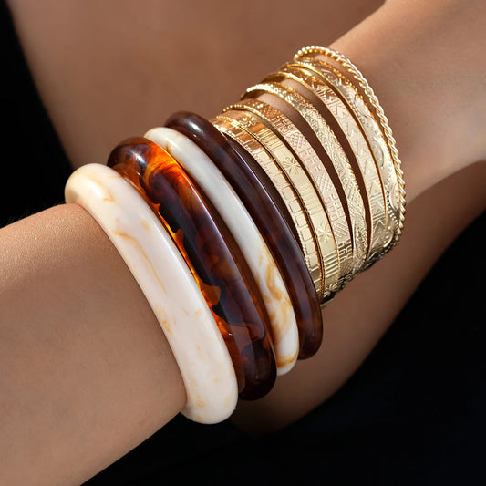 11 Pcs Fashion Elegant Textured Cuff Bangle Bracelet Set Boho Jewelry