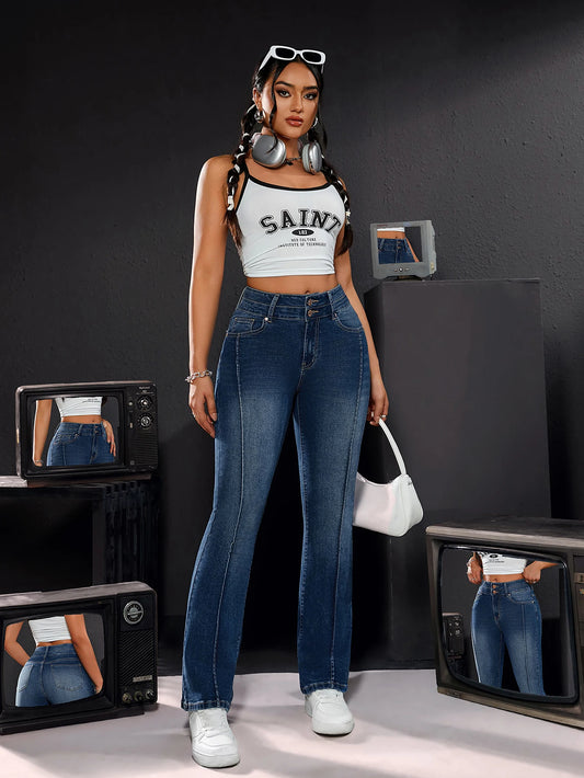 Women's High-Waisted Stretch Denim Straight Leg Jeans