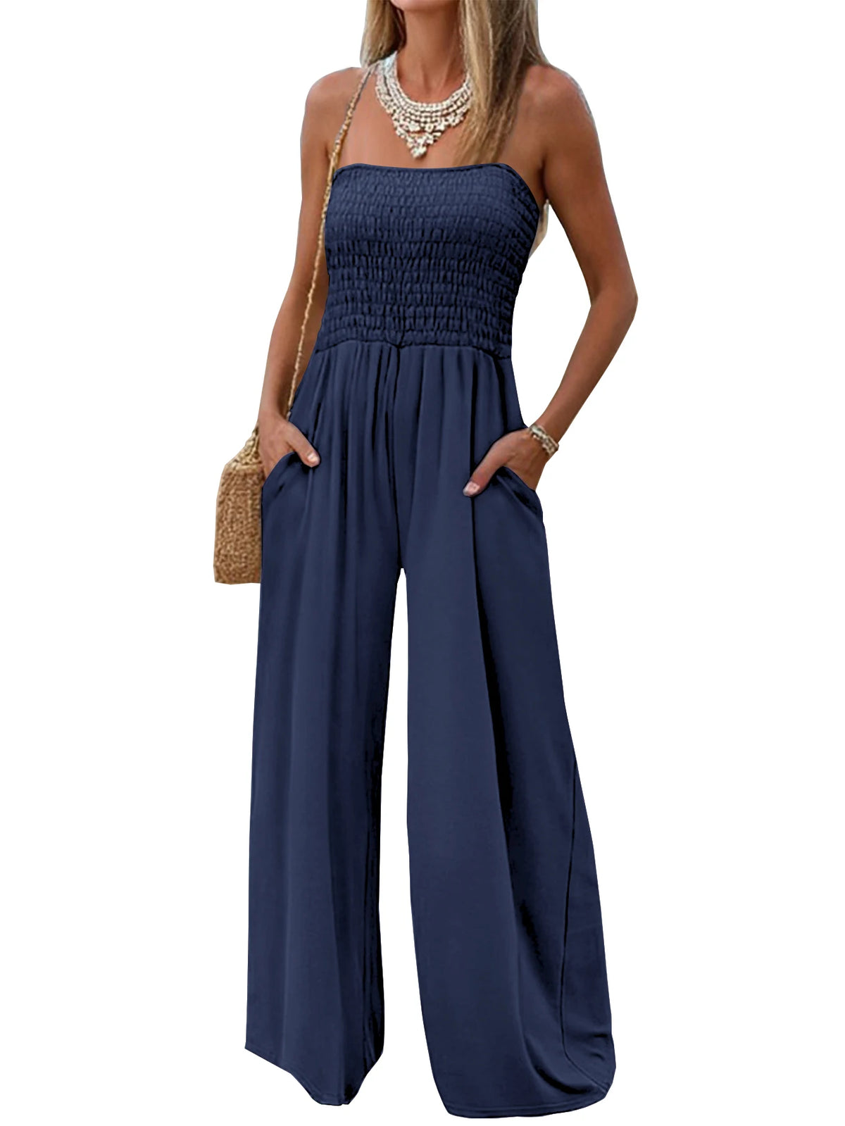 Summer solid-color strapless jumpsuit for women, with a casual commuting style, simple and elegant