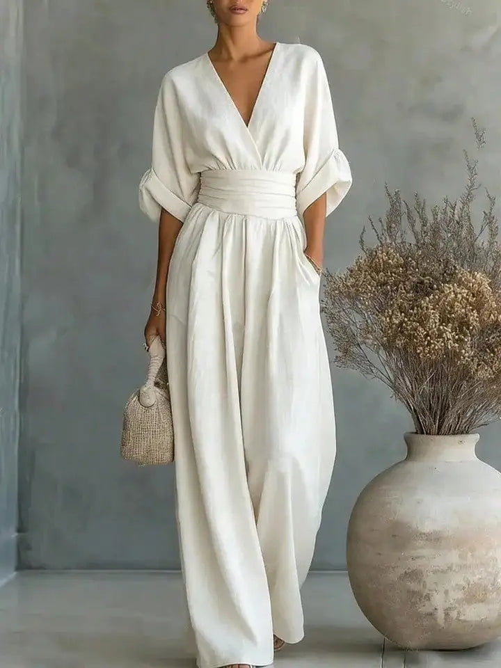 Elegant V-Neck Wide Leg Jumpsuit High Waist Ruched Office Wear