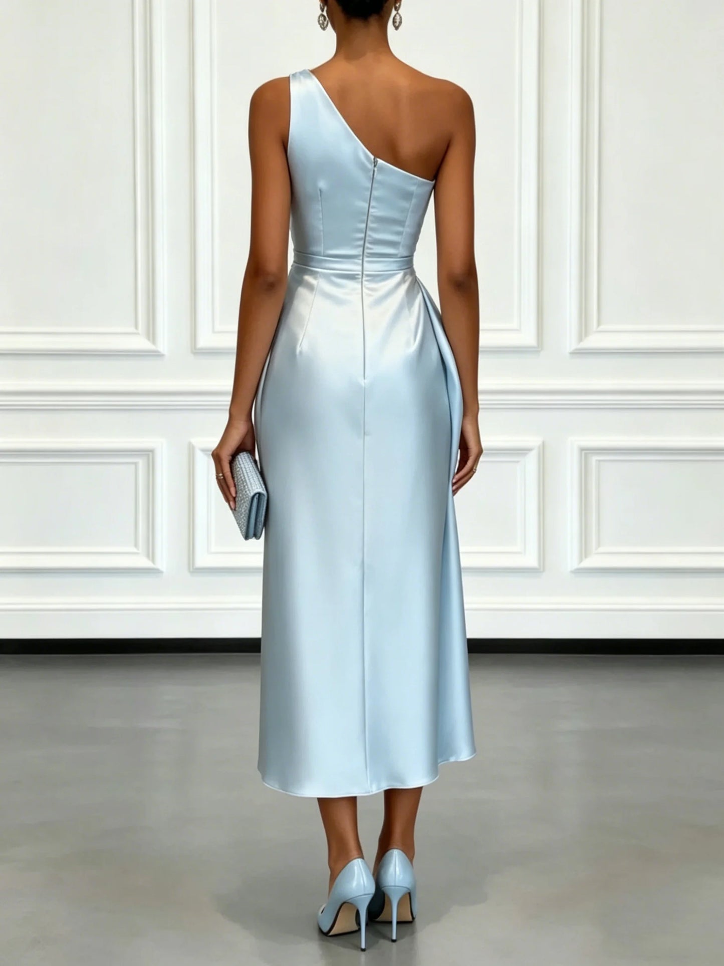 One Shoulder Satin Midi Dress With Ruched Waist Elegant Sleeveless Party Gown