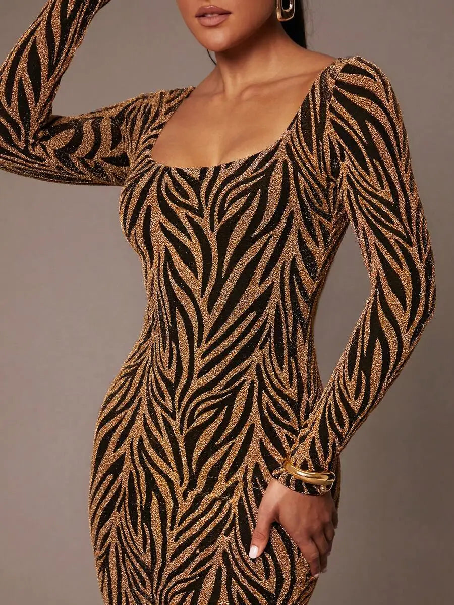 Elegant Glitter Long Sleeve Square Neck Slim Fit Party Dress For Women
