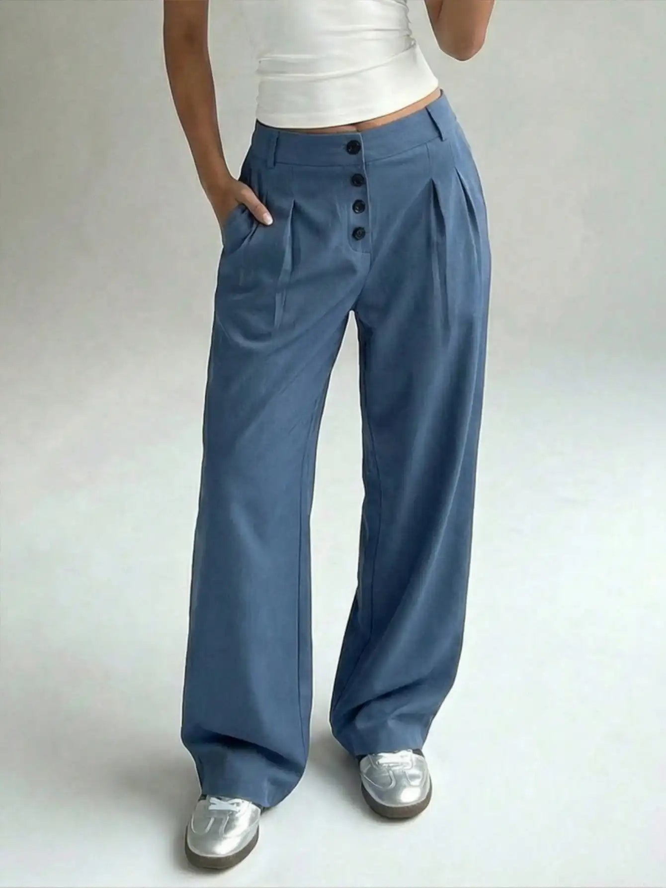 Women Solid Button Front Pleated Wide Leg Loose Casual Pants For Work Commute