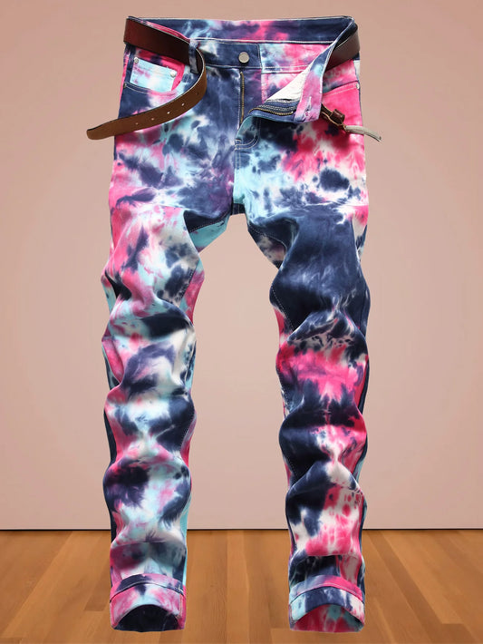 Europe and America wind new men's high street jeans tie-dyed red and blue contrast elastic street motorcycle youth fashion casua