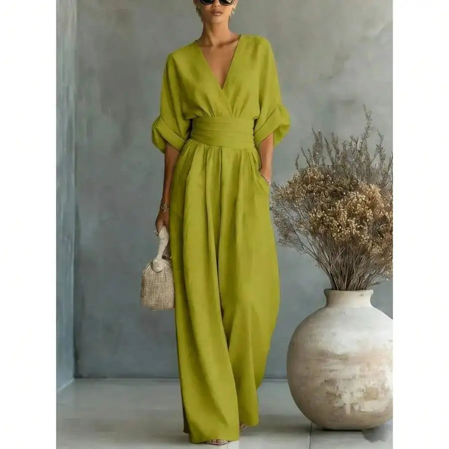 Elegant V-Neck Wide Leg Jumpsuit High Waist Ruched Office Wear