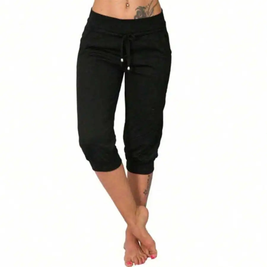 High Waist Loose Drawstring Capri Pants Women Cotton Linen Knee Length Casual Summer Pants