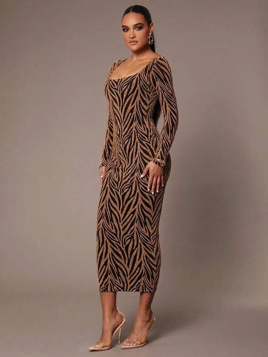 Elegant Glitter Long Sleeve Square Neck Slim Fit Party Dress For Women