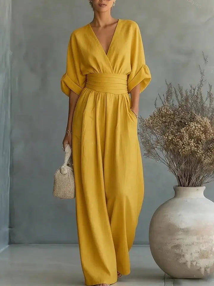 Elegant V-Neck Wide Leg Jumpsuit High Waist Ruched Office Wear