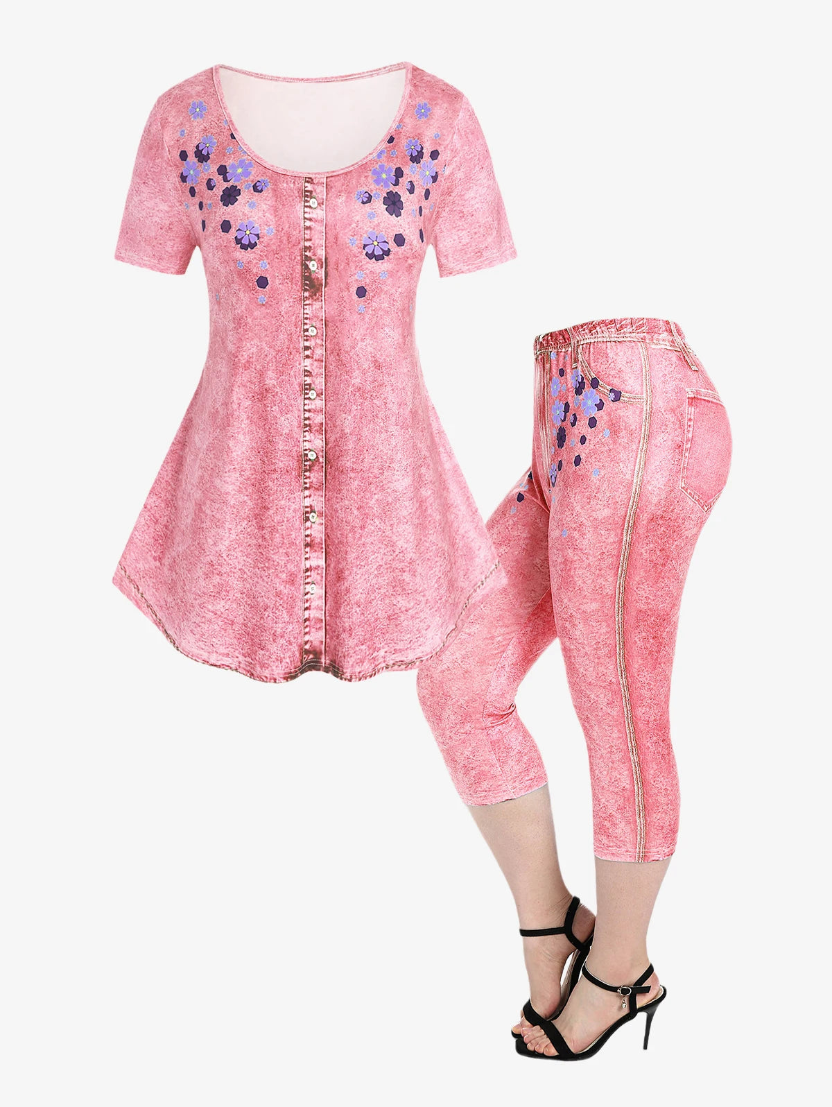 Plus Size 3D Print Tee and Capri Leggings Matching Set for Women Butterfly Floral Pattern Outfits OverSize Graphic Cloth