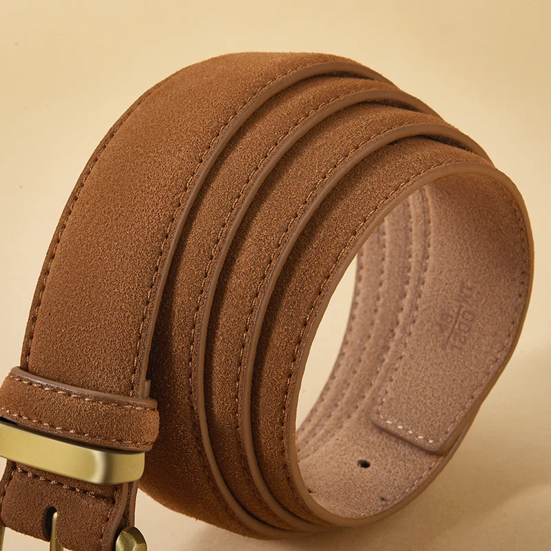 Luxury Suede Cowhide Leather Belt with Gold Buckle, 3.5cm Wide Waistband