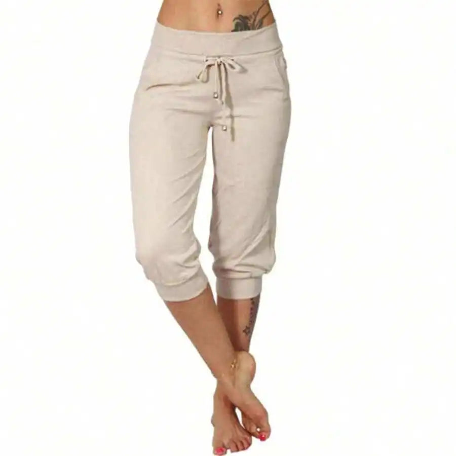 High Waist Loose Drawstring Capri Pants Women Cotton Linen Knee Length Casual Summer Pants