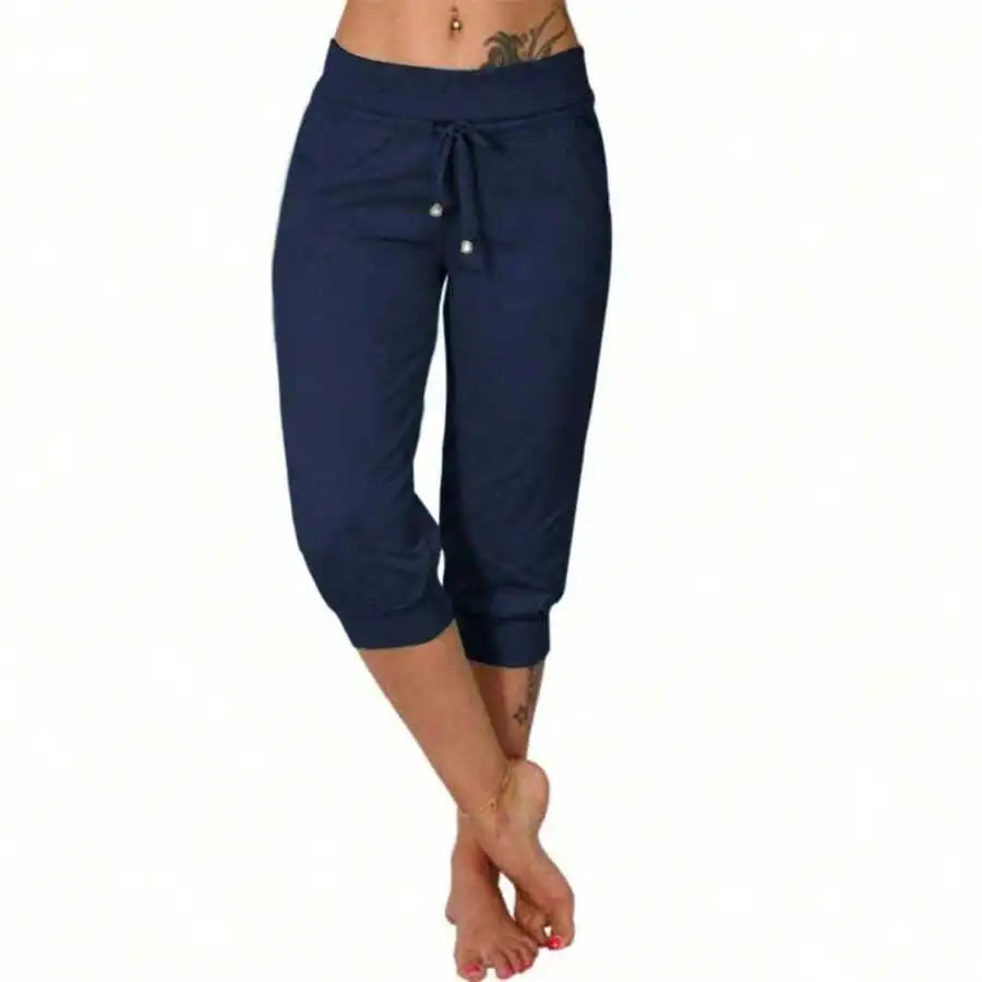 High Waist Loose Drawstring Capri Pants Women Cotton Linen Knee Length Casual Summer Pants
