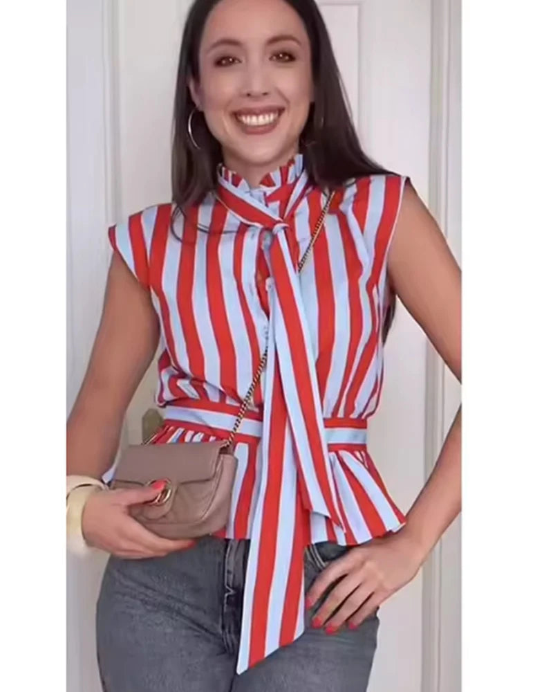Women's Shirt 2026 New Spring Summer Bowknot Sleeveless Striped Shirt for Women Casual Chic Personality Female Shirt