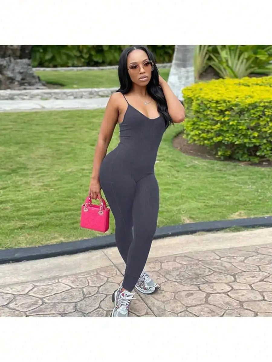 Sleeveless Backless Slim Fit Jumpsuit For Women Solid Color Sporty Workout Bodysuit