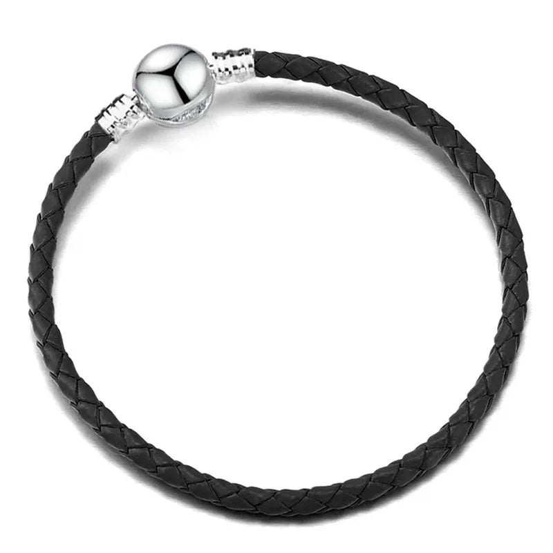 925 Sterling Silver Bracelet with Shiny Heart Shape – Leather Cord Bracelet with Clasp