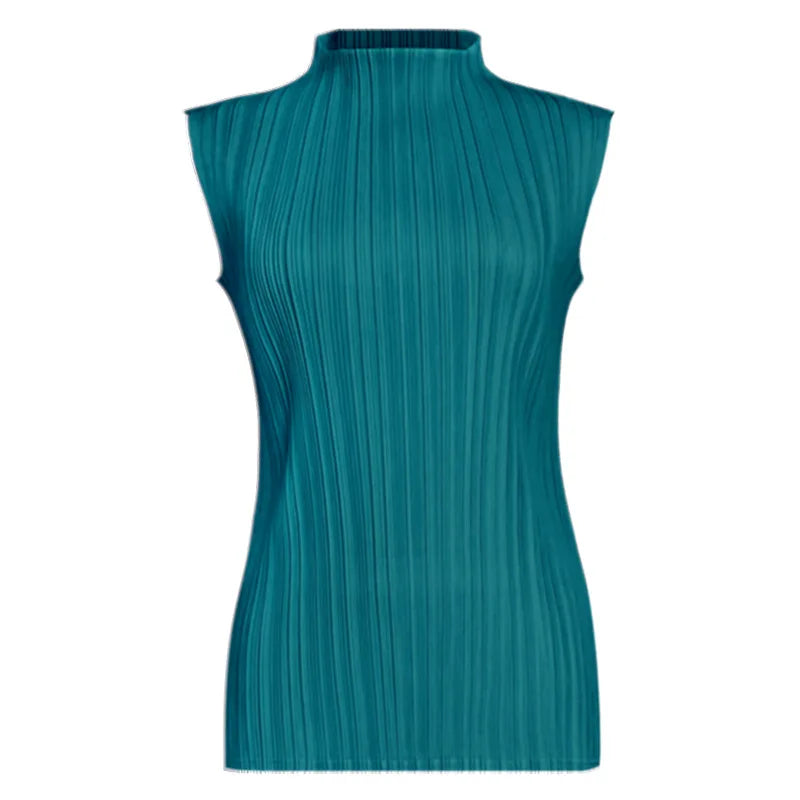 Miyake Pleated Elegant Fashion Temperament Solid Color Half High Neck Sleeveless Women's Vest 2026 Summer New Breathable Top