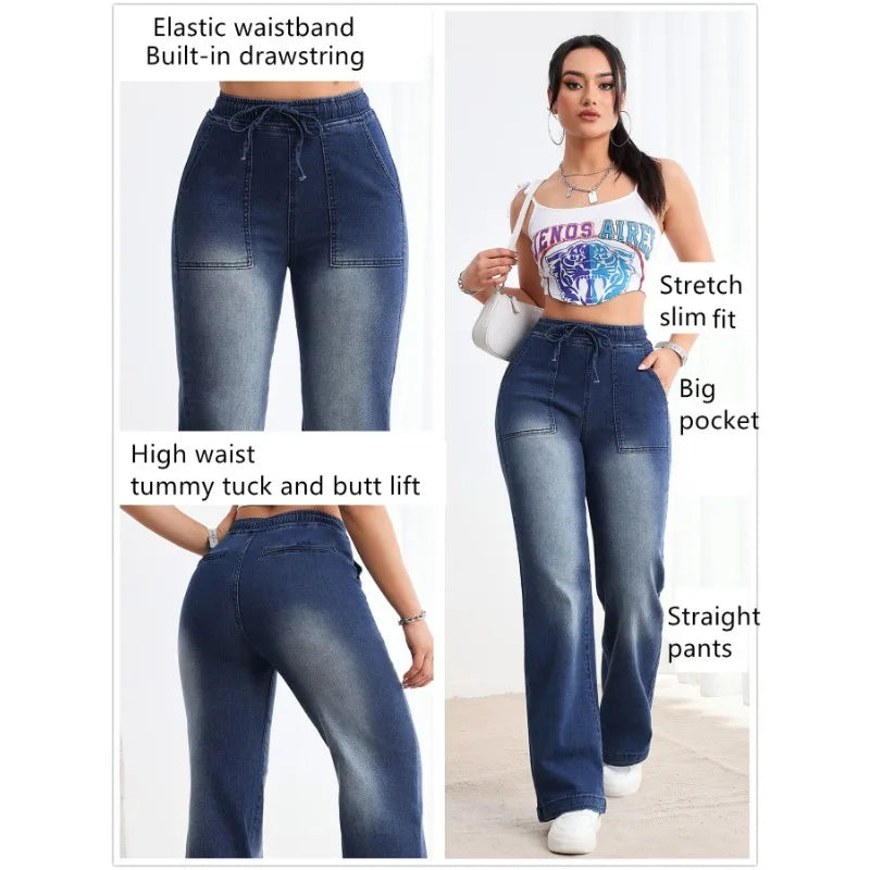Women Baggy Jeans Elastic Waist Retro Loose Fit Denim Pants
